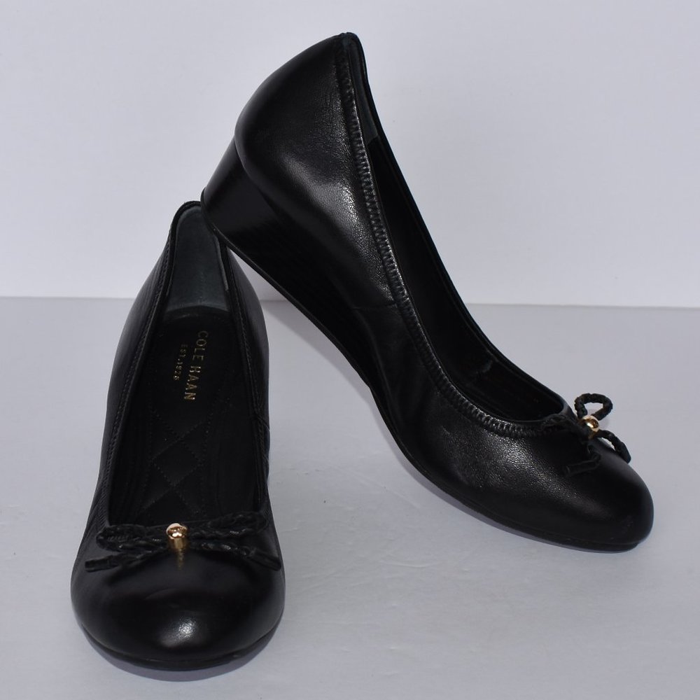 Cole Haan Tali Grand Black Leather Wedges Sz 6.5B